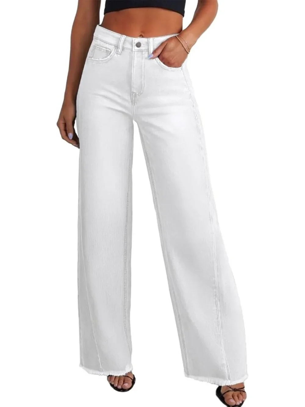 〽️ Women White High Waist Wide Leg Jeans Stretch Raw Hem Denim Zimbaplatinum